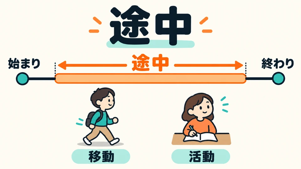 「途中」 refers to a period after something has begun but before it ends. It is also used for activities, not just journeys.