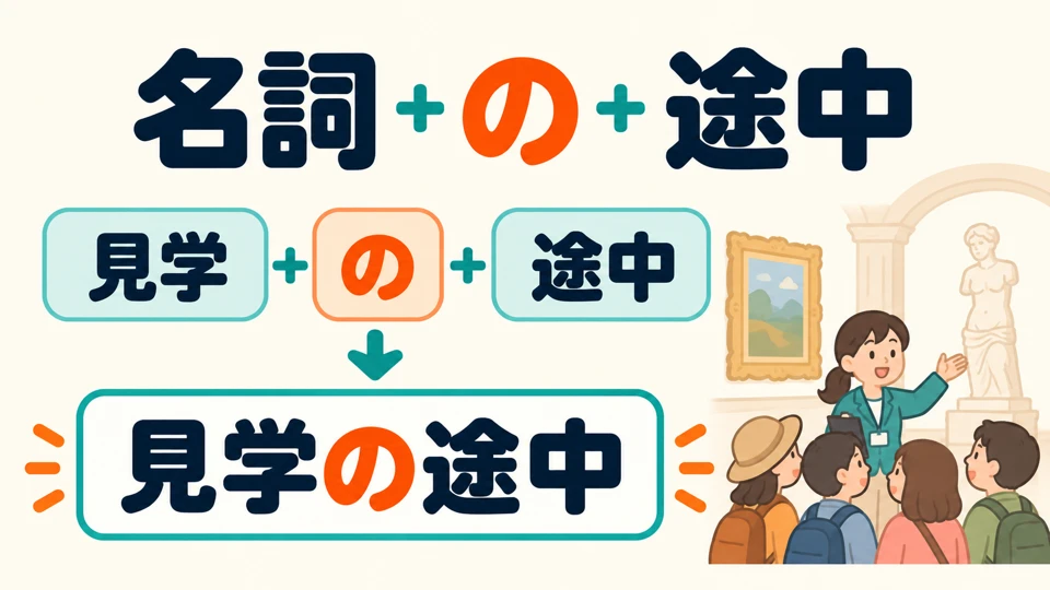 With a noun naming an activity, use “noun + の + 途中”: for example, 「見学の途中」.