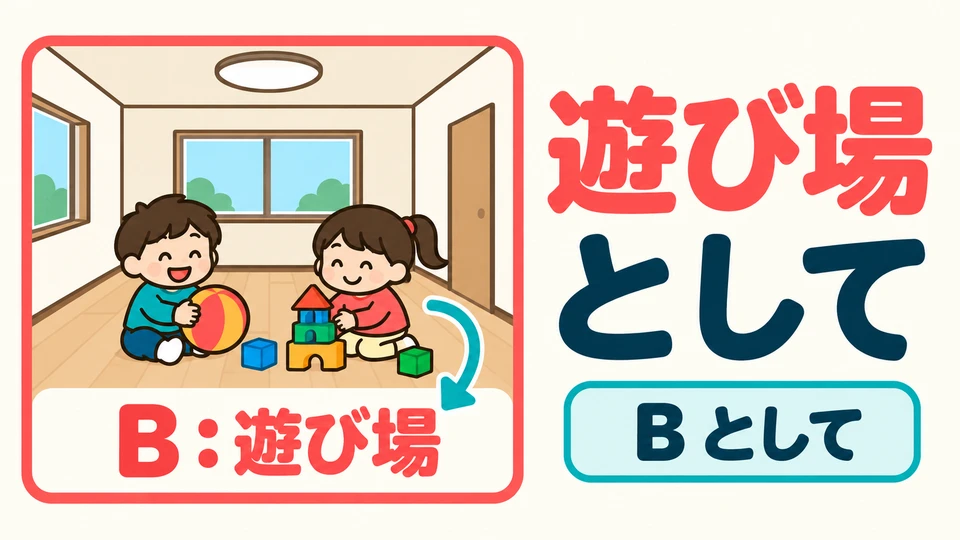 「Bとして」 gives the use assigned to the object. In the picture, B is a play area and comes before 「として」.