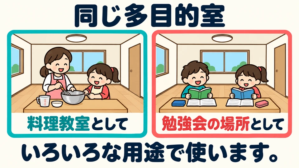 The room can also host cooking classes or study groups. 「として」 states its use; it does not mean the room itself has changed.