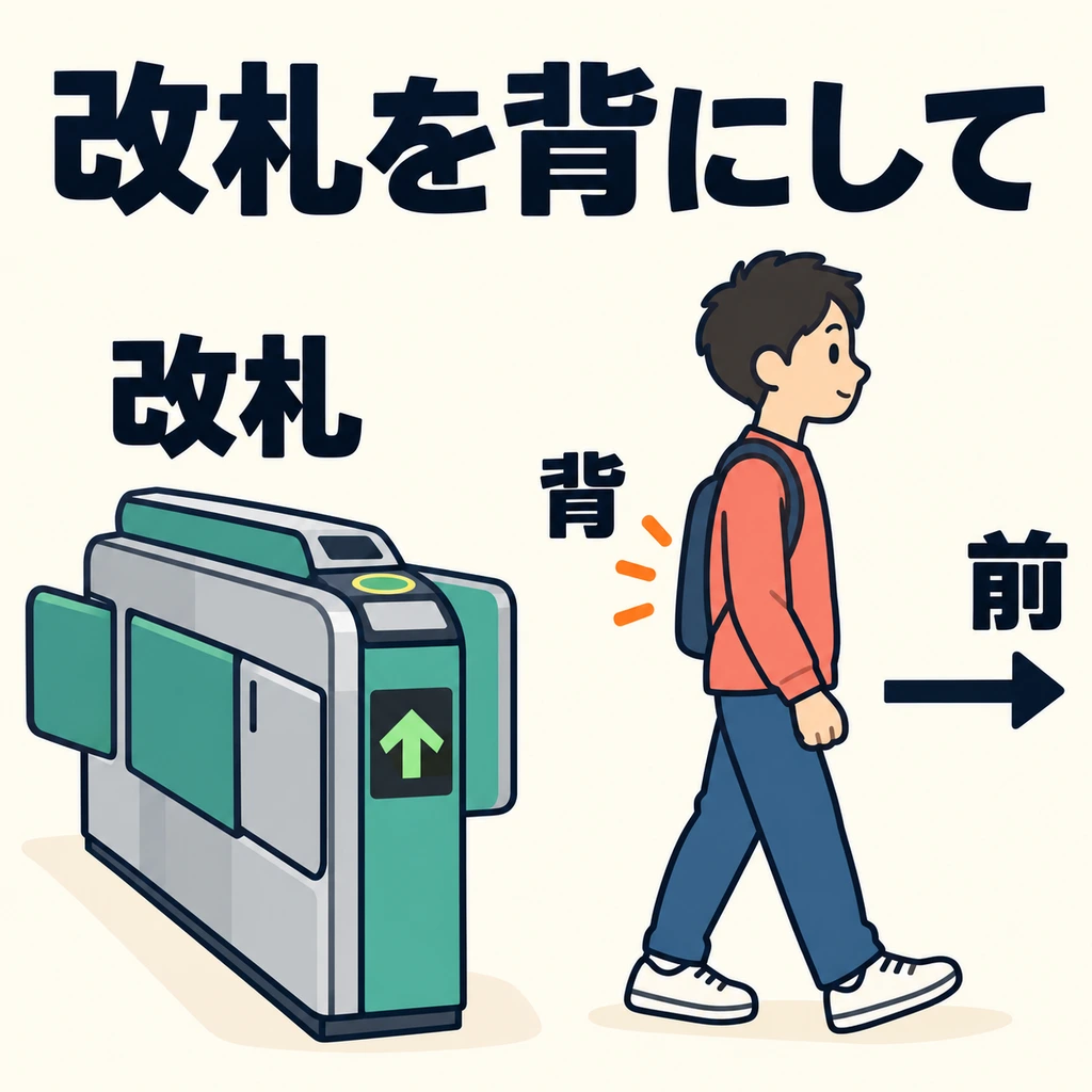 问路时可先确定朝向。看图:检票口在人的前面,还是身后?