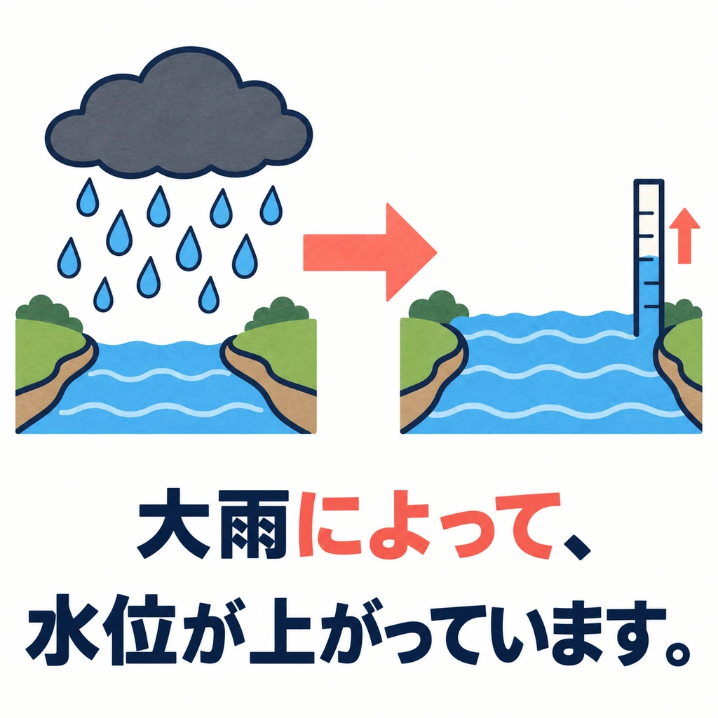 Why is the water level rising? The arrow from heavy rain to rising water shows cause and result.