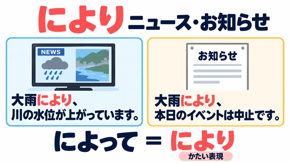「により」 also expresses a cause. It is common in news reports and notices and sounds more formal.