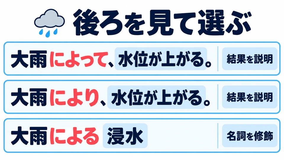 Look at what follows: use 「によって/により」 to describe a result, and 「による」 to modify a noun.