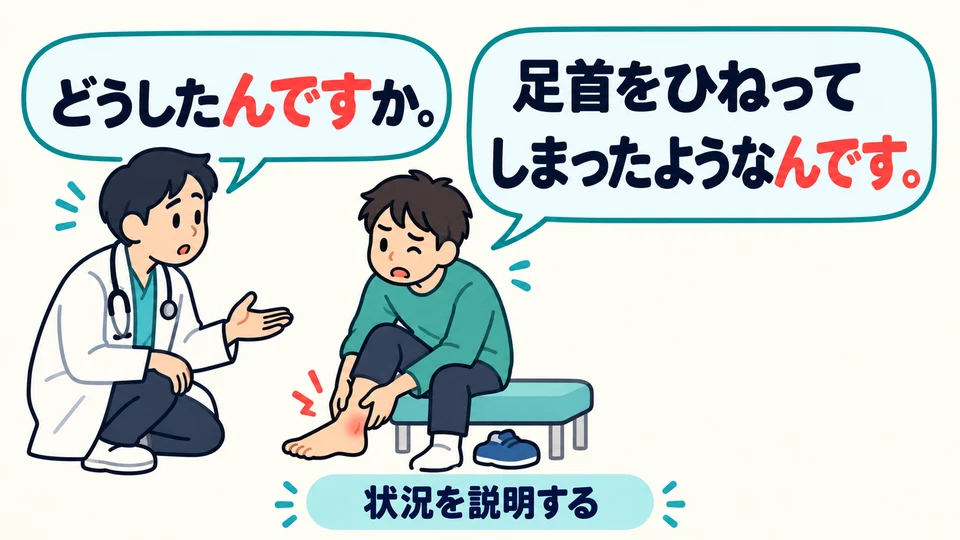Wenn jemand fragt, was los ist, erklärst du die Situation mit 「んです」. Damit kannst du auch einem Arzt deine Beschwerden schildern.