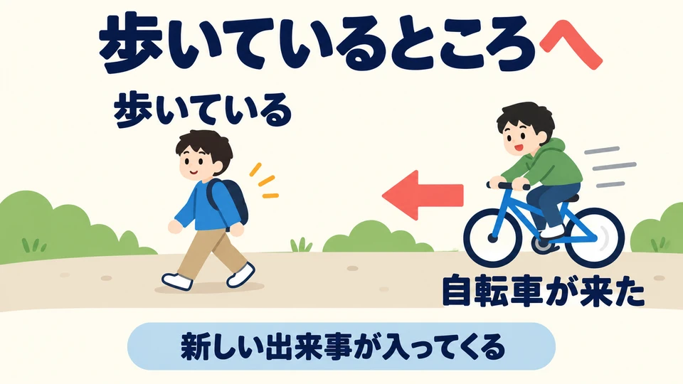 걷고 있는데 자전거가 왔어요. 「ところへ」는 진행 중인 상황에 새로운 일이 들어오는 점을 강조해요.