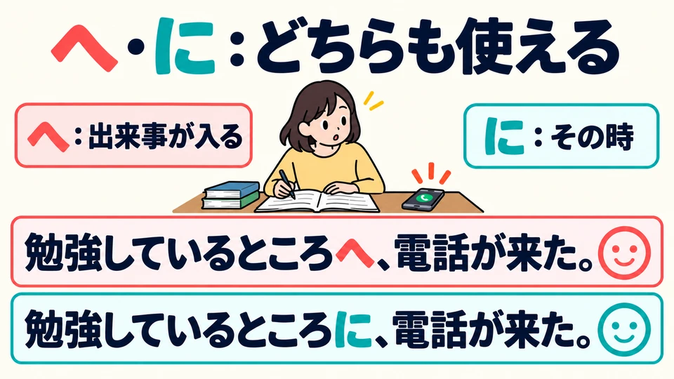 「へ」와 「に」는 강조점이 다르지만 서로 바꿔 쓸 수 있는 경우가 많아요. 두 가지 절대적인 규칙으로 나눌 필요는 없어요.