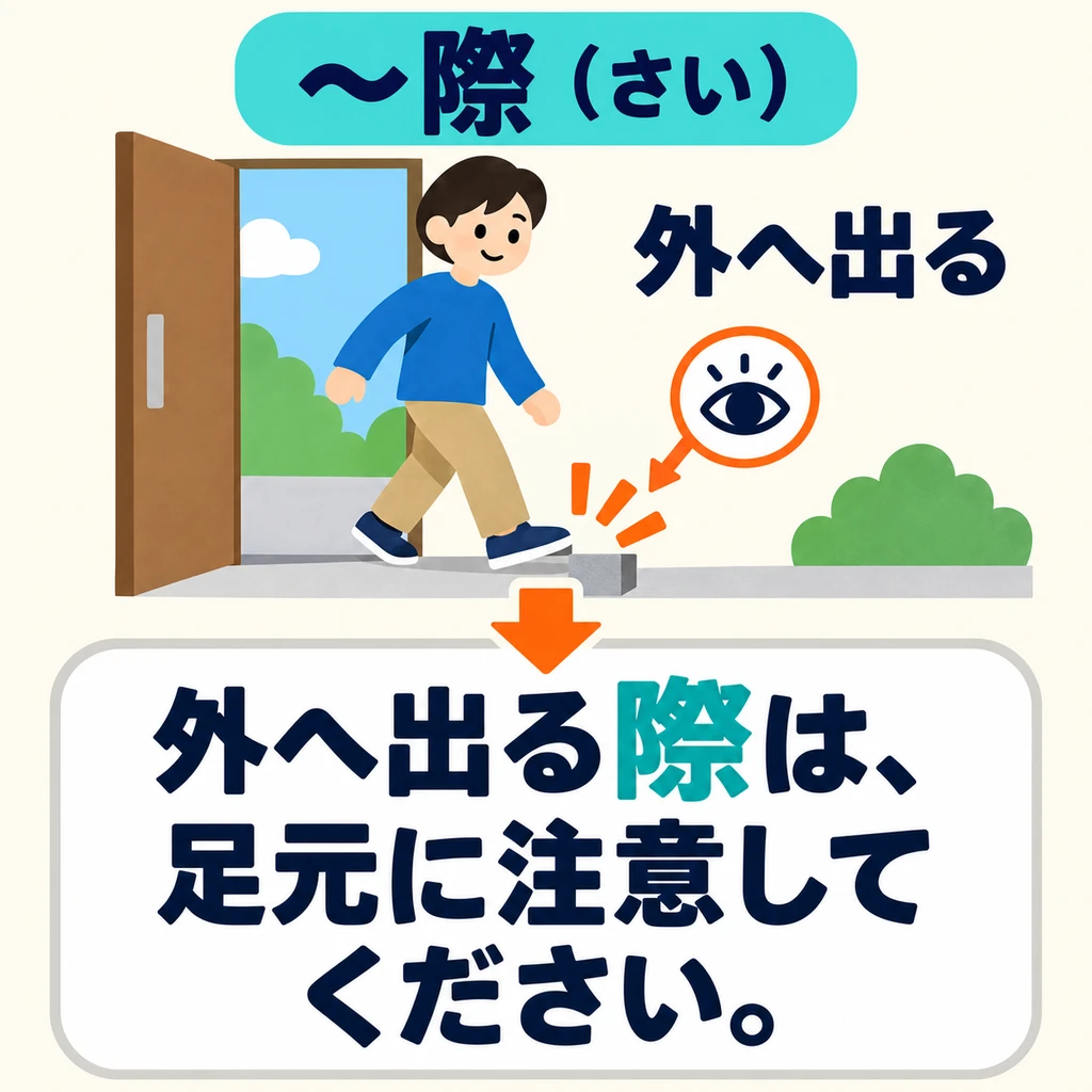 看图：注意脚下是在什么时候？「際」指出动作发生的那个时机或场合。