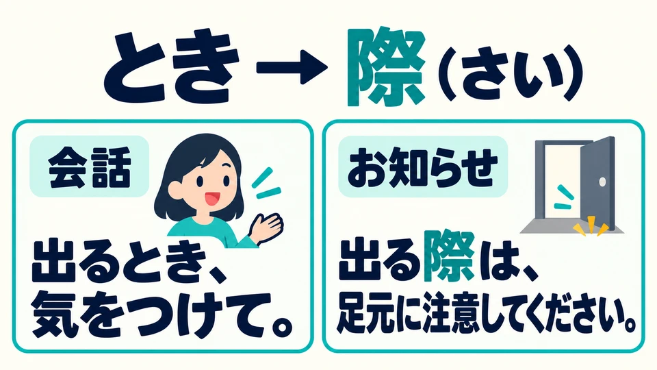 「際」语气郑重，常见于通知、说明和提醒，比「とき」更正式。