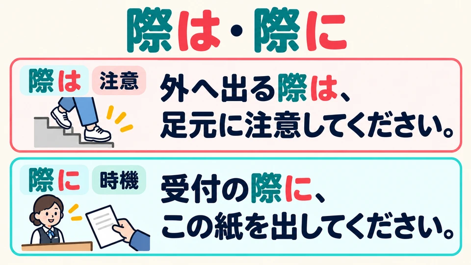 「際は」提出该场合的注意事项；「際に」指出做某事的时机。
