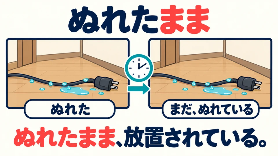 「ぬれたまま」 หมายถึงยังเปียกอยู่ สายไฟถูกปล่อยไว้ทั้งอย่างนั้น สภาพจึงไม่เปลี่ยน