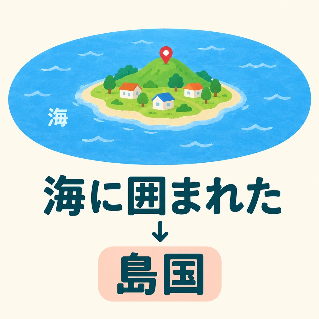 To describe what kind of island country it is, put 「海に囲まれた」 before 「島国」.