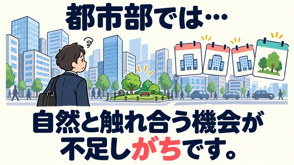 In the city, opportunities to spend time in nature are often lacking. 「不足しがち」 sums up this tendency toward a shortage.