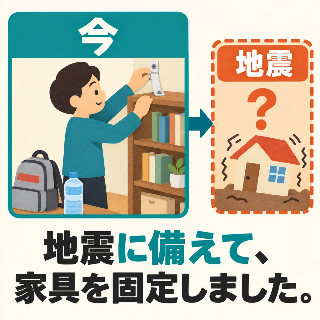 The earthquake has not happened yet. Why secure the furniture now? Look at the picture: which comes first, the preparation or the earthquake?