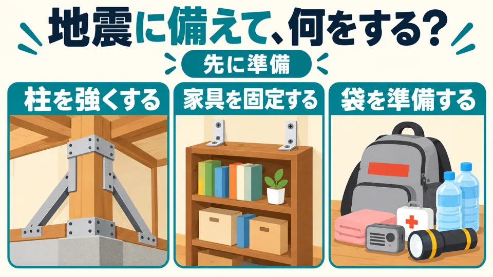 The second half states the preparations: reinforcing pillars, securing furniture, or packing an emergency bag—all to prepare for an earthquake.