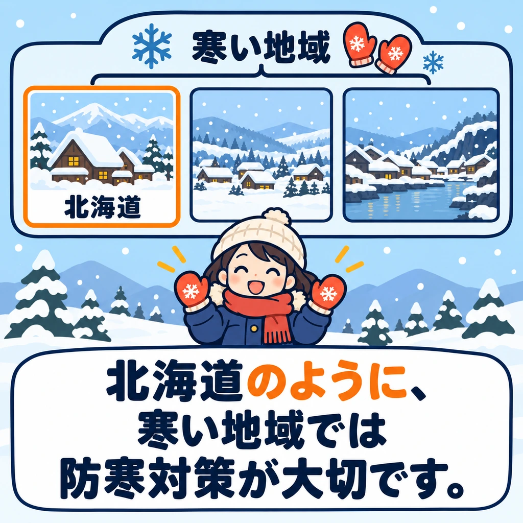 Wenn du Schutzmaßnahmen gegen Kälte erklärst, nenne zuerst Hokkaido als Beispiel. So denkt man an die allgemeinen Bedingungen in kalten Regionen.