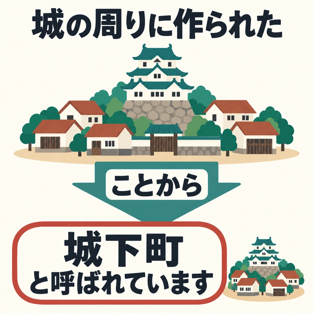 Warum heißt der Ort 「城下町」 (Burgstadt)? Rund um die Burg wurden Häuser gebaut. Diese Tatsache erklärt den Namen.