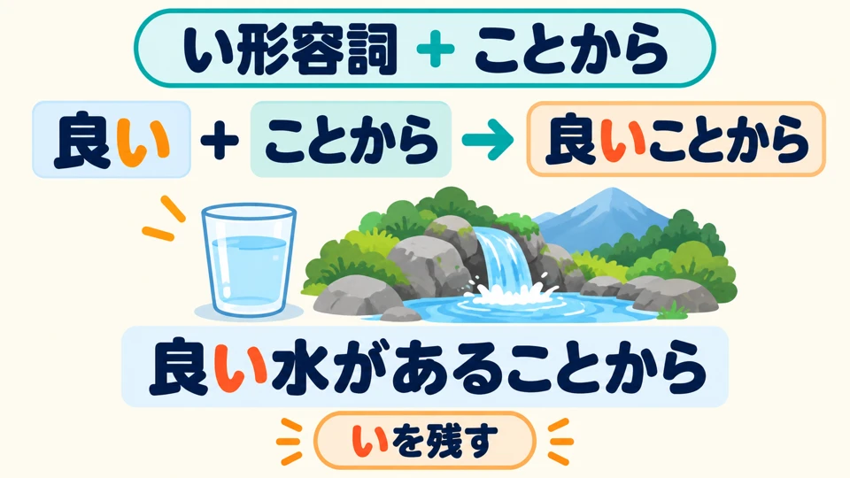 Die Endung eines い-Adjektivs bleibt erhalten, wie in 「良いことから」. Die Eigenschaft wird zunächst als Tatsache dargestellt.