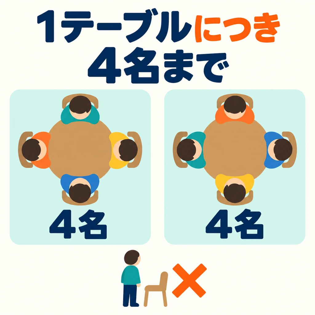 Wie viele Personen dürfen höchstens an jedem Tisch sitzen? 「1テーブルにつき」 nimmt jeden Tisch als Einheit für die Personenbegrenzung.