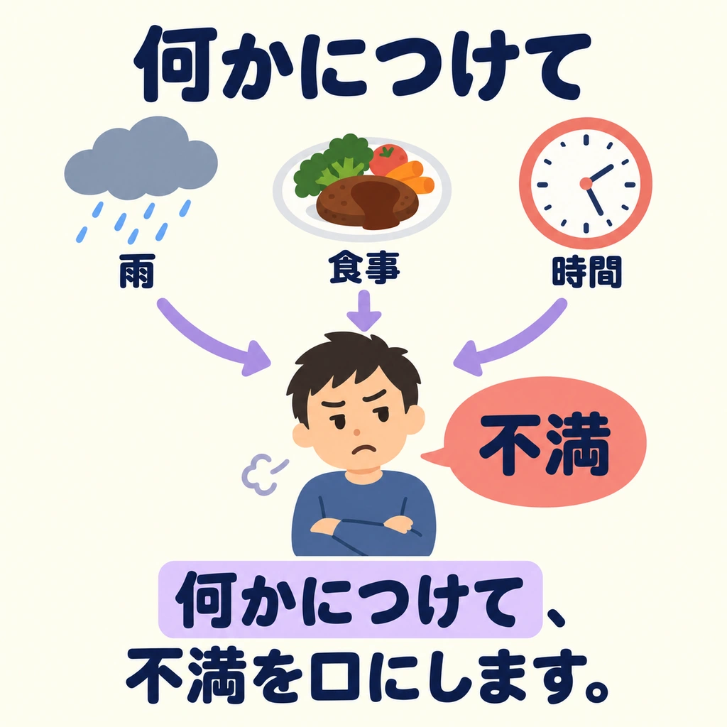 「何かにつけて」 bedeutet, etwas bei jeder Gelegenheit zu tun. Damit beschreibt man oft eine Gewohnheit.
