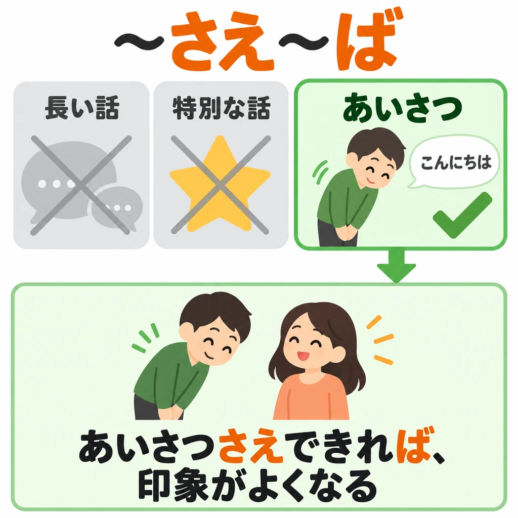 Man muss nicht viel sagen: Es reicht, ordentlich grüßen zu können. 「さえ~ば」 betont diese eine Bedingung.
