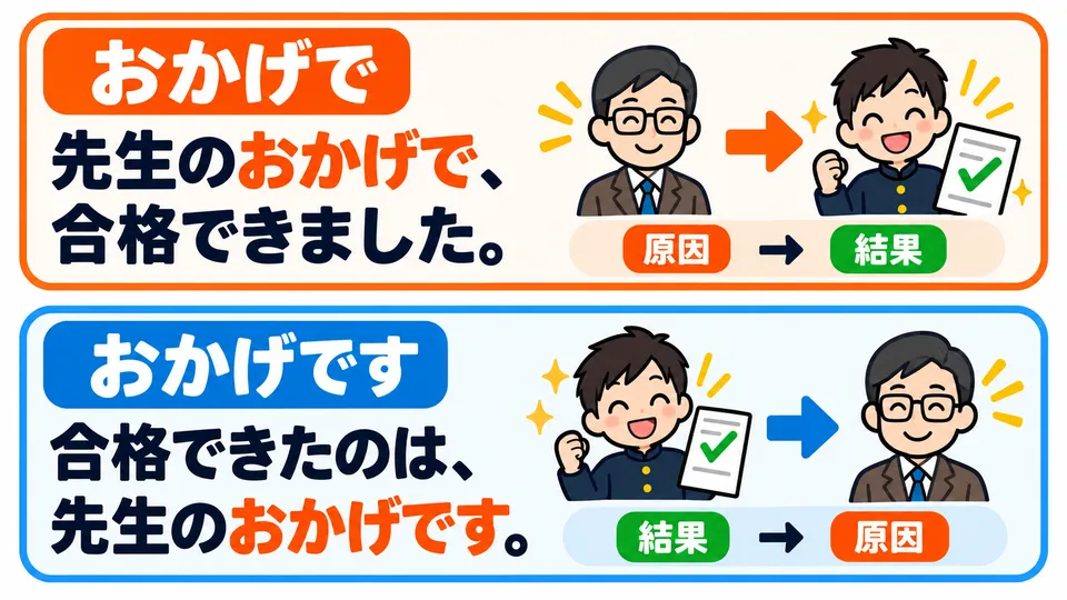 「おかげで」 is followed by the result. 「おかげだ」 comes at the end of the sentence and explains the reason for a good result.