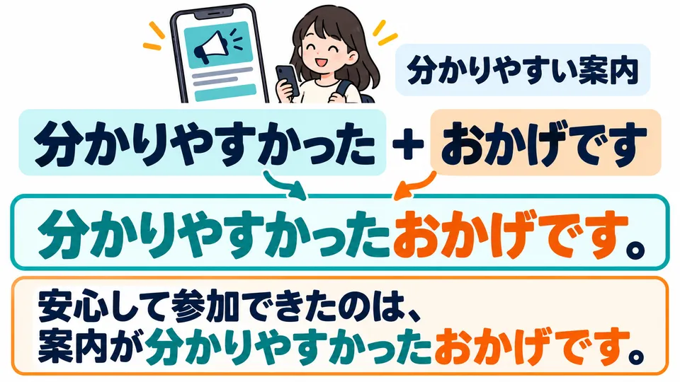 In the second sentence, the reason is that the information message was easy to understand. 「分かりやすかった」 connects directly to 「おかげです」.