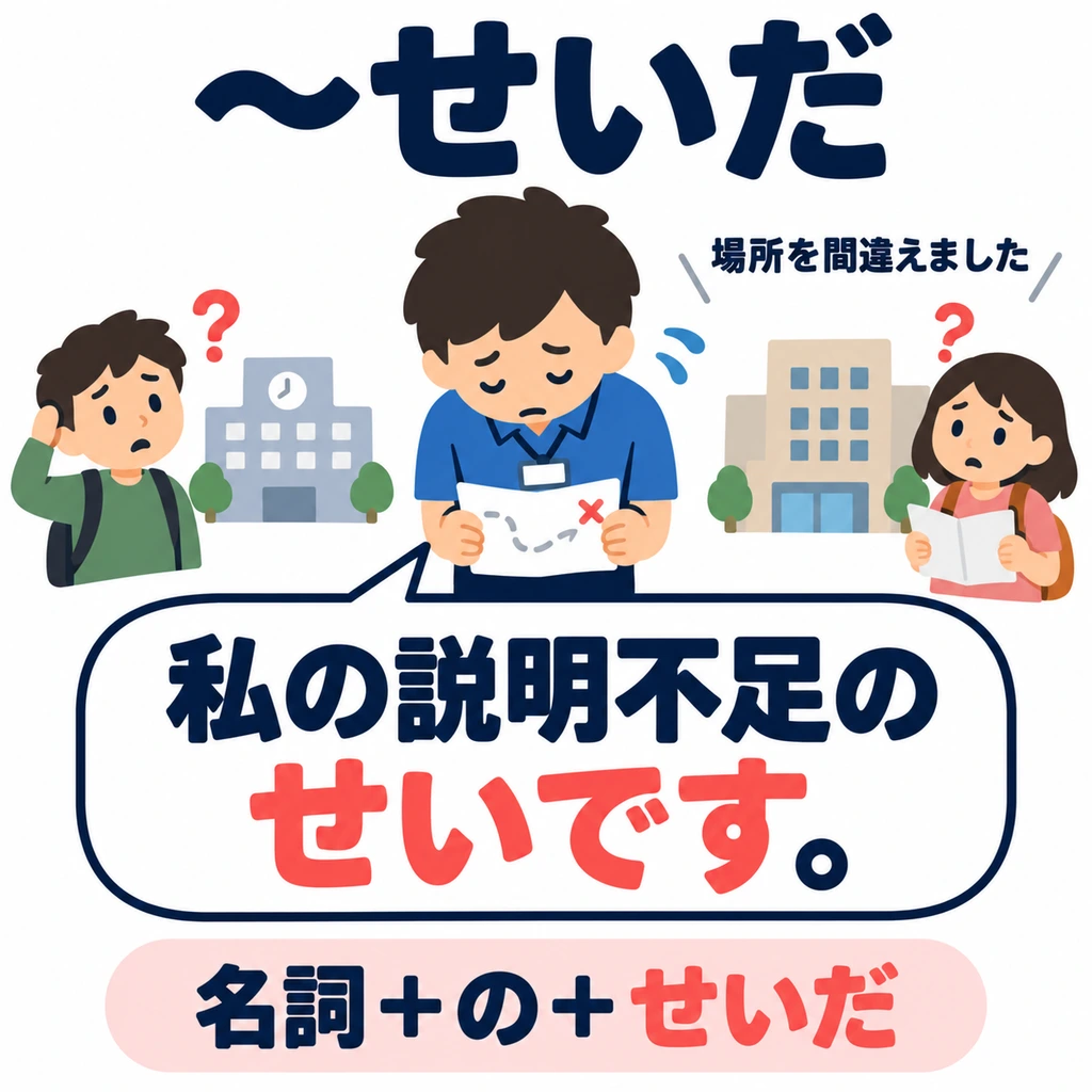 Er sieht seine eigene Erklärung als Ursache des Problems. 「せいだ」 nennt die Ursache am Satzende; die höfliche Form ist 「せいです」.