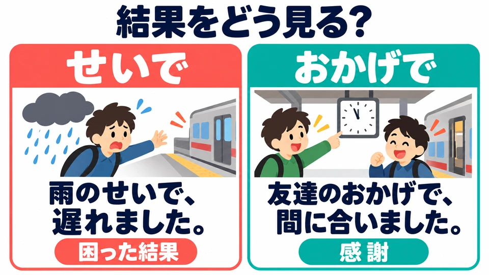 「せい」 verwendet man, wenn die sprechende Person das Ergebnis als schlecht ansieht. Mit 「おかげ」 drückt man Dank für die Ursache eines guten Ergebnisses aus.
