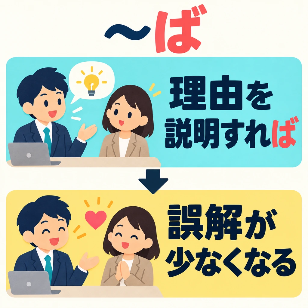 จะลดความเข้าใจผิดได้อย่างไร? 「ば」 เชื่อมเงื่อนไขในส่วนแรกกับผลที่คาดว่าจะเกิดขึ้น