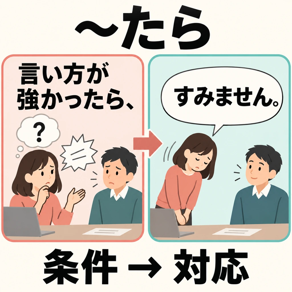 Meski belum yakin apakah nada bicaramu terlalu keras, kamu bisa memakai 「たら」 untuk menyatakan kondisi dan meminta maaf.