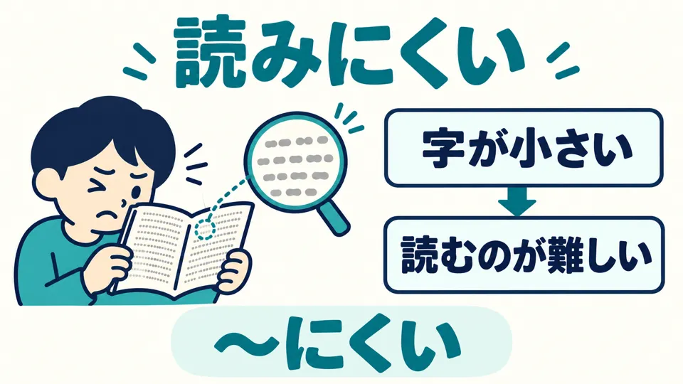 「にくい」 broadly means that something is hard to do. In the picture, the print is so small that it takes effort to make out the words.
