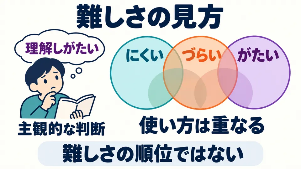 「がたい」 often describes something subjectively hard to do. The three forms overlap in use; they are not levels of difficulty.
