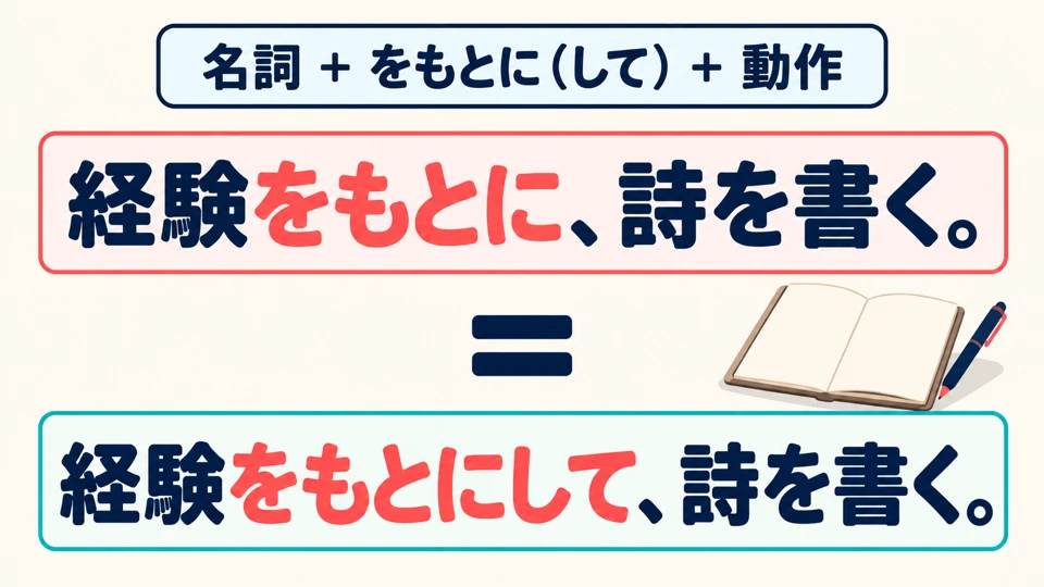 Put 「をもとに」 after a noun, then add an action. Adding 「して」 does not change the meaning.