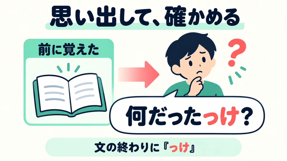 「っけ」 steht am Satzende, wenn du dich an etwas Vergessenes oder nur vage Erinnertes erinnern und es überprüfen möchtest.