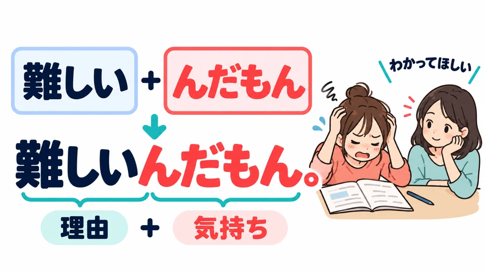 In lockeren Gesprächen nennt 「もん／んだもん」 einen Grund und drückt den Wunsch aus, verstanden zu werden.
