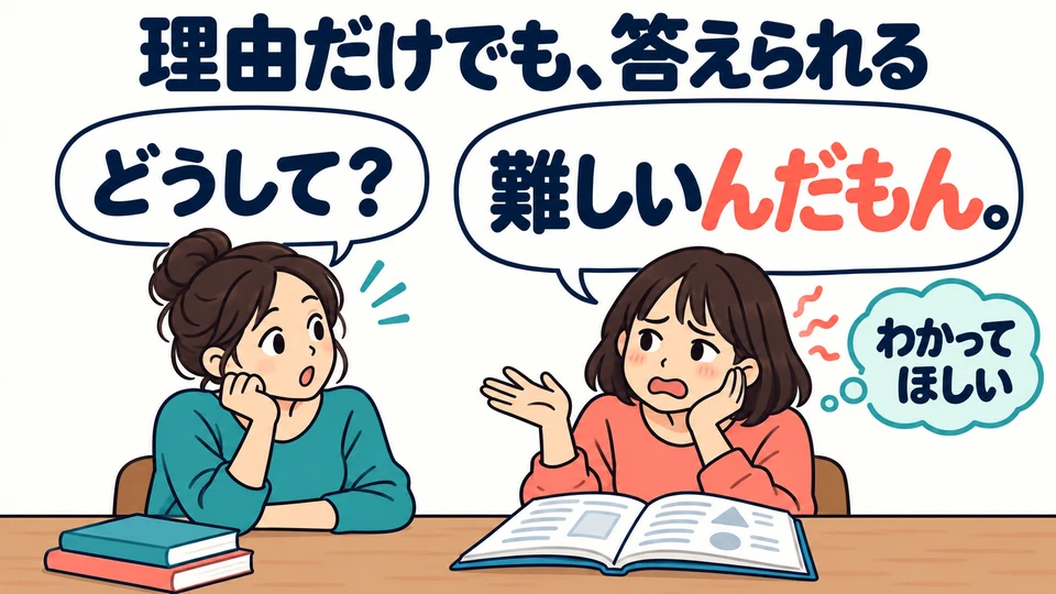 Das zweite Beispiel beantwortet die Frage nach dem Grund allein mit 「難しいんだもん」. Der Wunsch nach Verständnis wird dabei deutlicher.