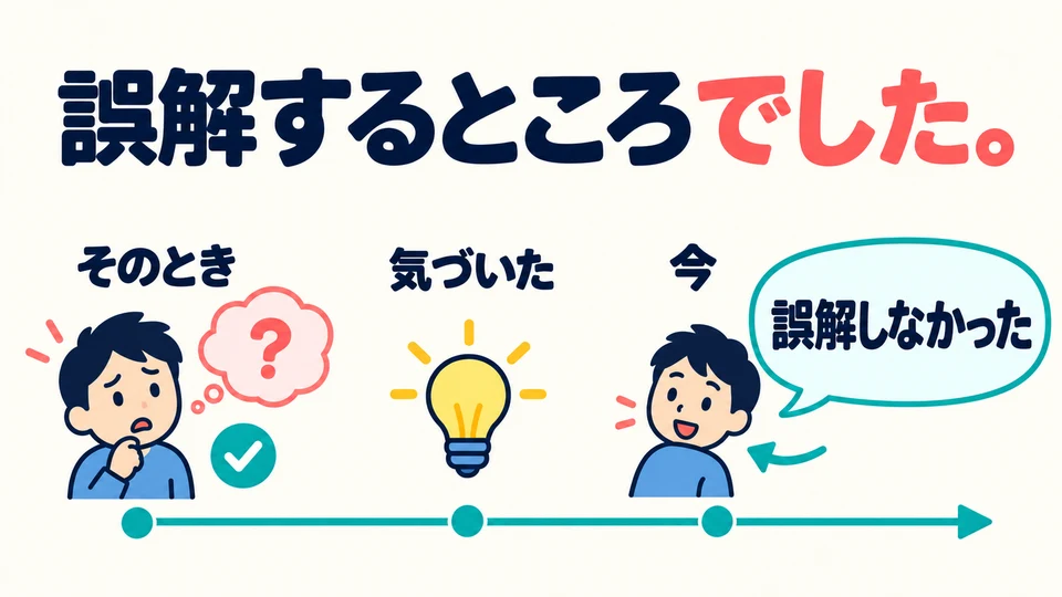Meski ところでした berbentuk lampau, yang dikenang adalah kejadian yang nyaris terjadi. Pada akhirnya salah paham itu berhasil dihindari.