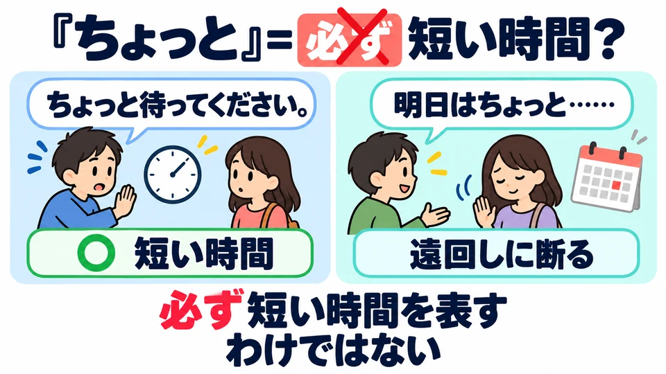 The first example rejects “it always means a short time.” It does not rule out 「ちょっと」 meaning a short time.
