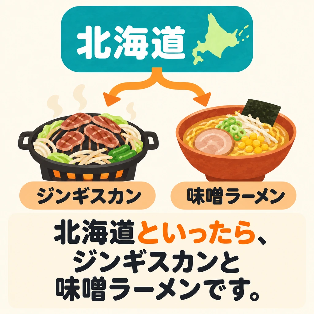 What comes to mind when you see Hokkaido? The arrows link the topic to typical foods associated with it.