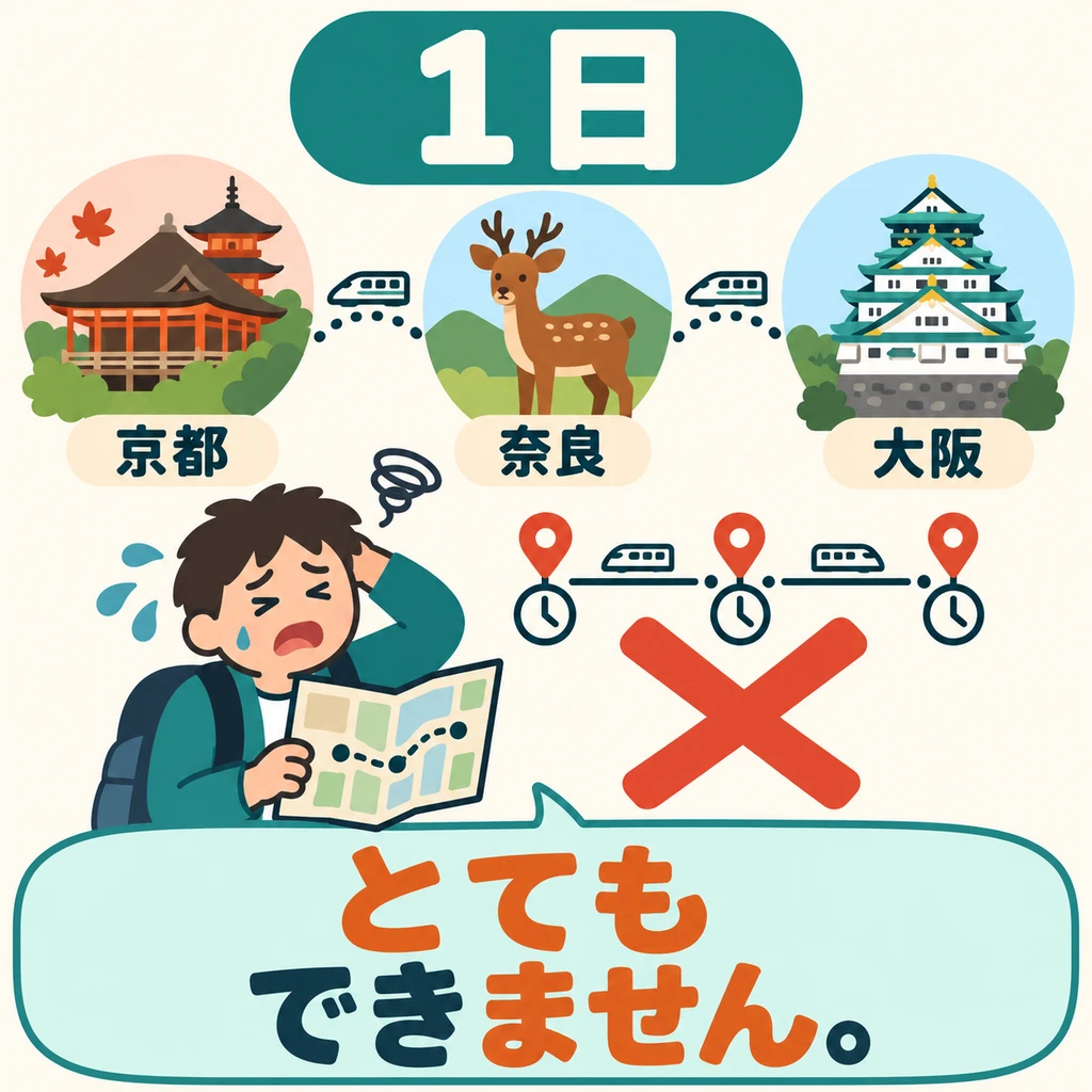 Three cities in one day—is there enough time? In the picture, 「とても~ない」 stresses that it is simply impossible.