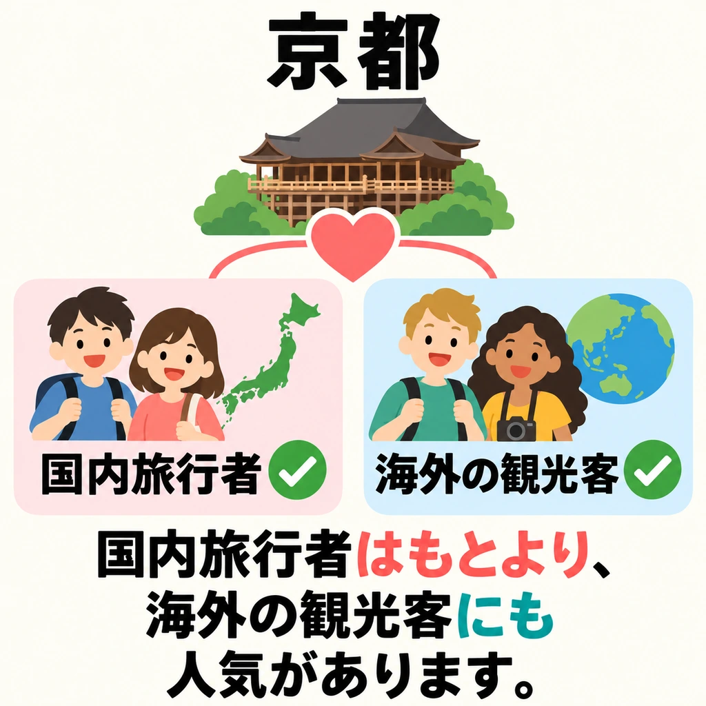 Kyoto is popular with domestic travelers and with overseas tourists too. Both groups are included.