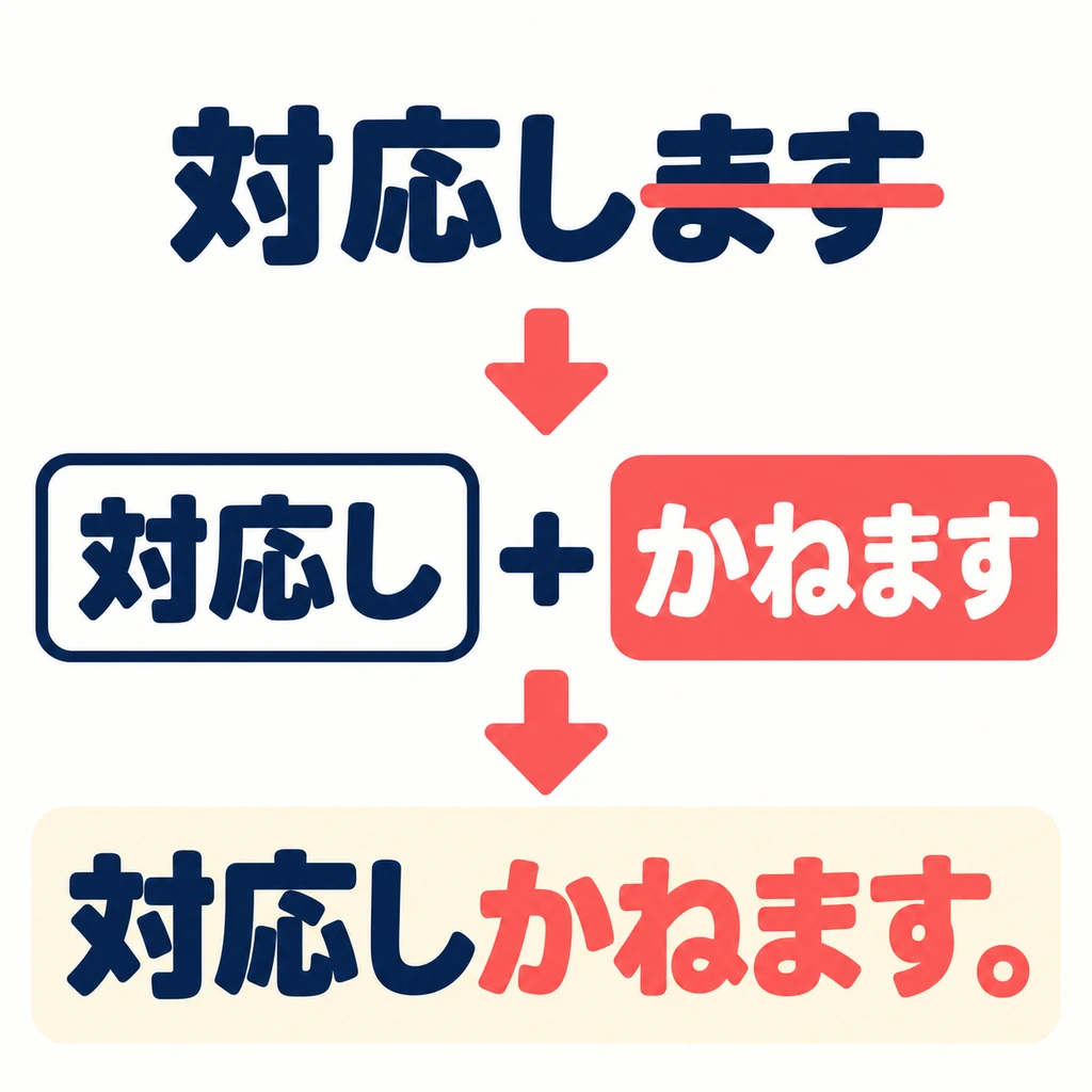 Entferne 「ます」 aus der ます-Form des Verbs und füge 「かねます」 an. Im Beispielsatz bleibt 「対応し」 übrig.