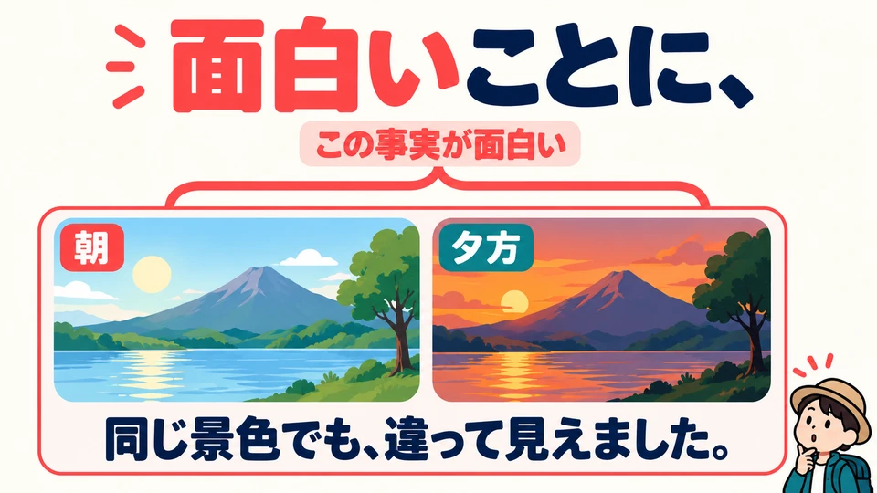 Im Beispiel bewertet 「面白い」 die Tatsache, dass die Landschaft morgens und abends anders aussieht, und beschreibt nicht nur die Landschaft selbst.