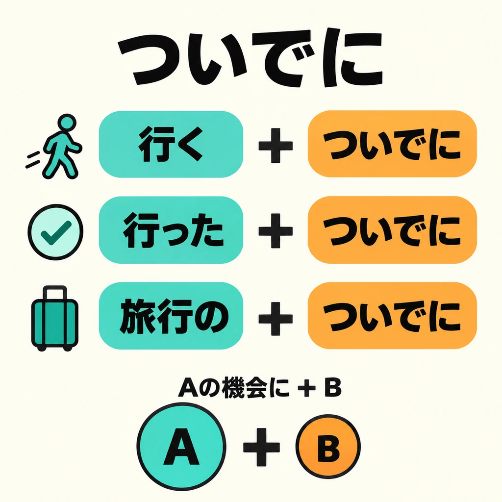 主要的事放在前面：動詞原形、た形，或名詞加の；後面是順便做的事。