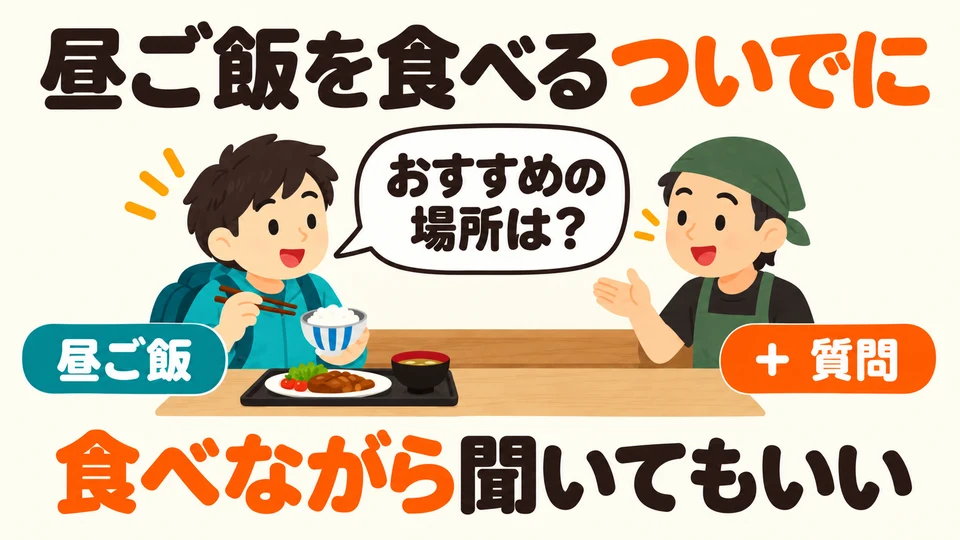 「食べる」例是藉午飯機會問推薦地點，也可邊吃邊問，不必吃完再問。