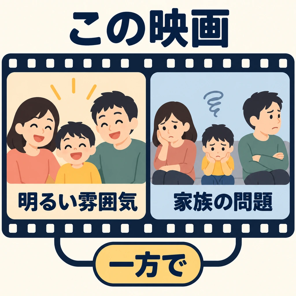 Reicht es bei einer Filmbeschreibung, nur die heitere Stimmung zu nennen? Mit 「一方で」 ergänzt du eine weitere Seite desselben Films.