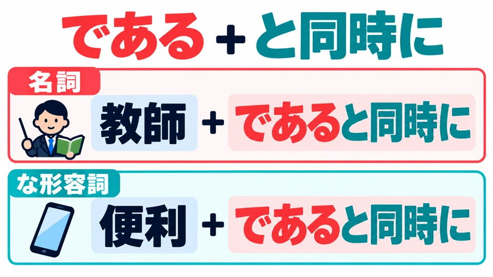 Auf Nomen und な-Adjektive folgt häufig 「であると同時に」, zum Beispiel 「便利であると同時に」.