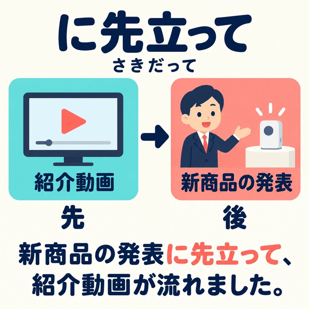 First, the introductory video plays; then the new product is announced. This expresses preparations or related activities done before an important event.
