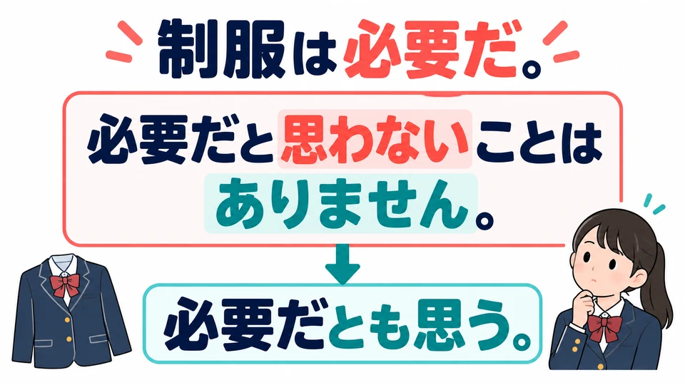 Im Uniformbeispiel verstehst du 「思わないことはありません」 zunächst als „Ich finde sie durchaus nötig“.